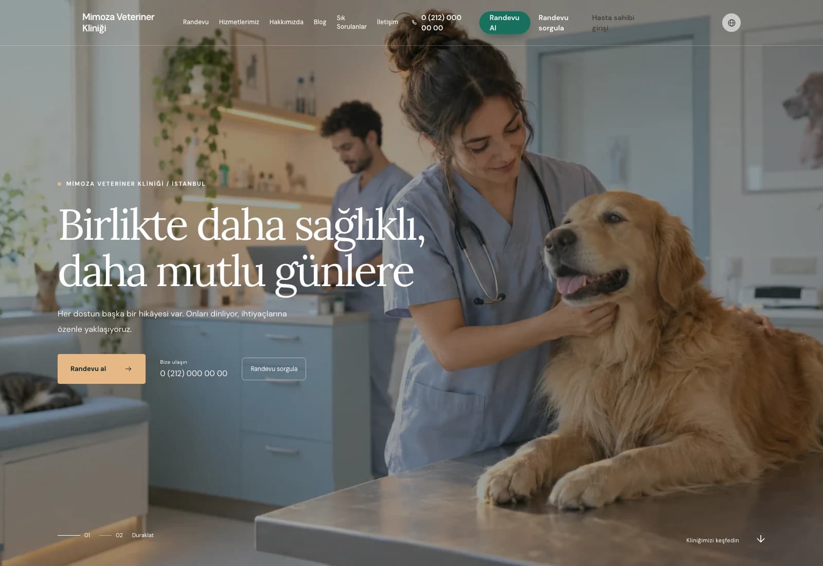 Klinik sitesinin gerçek tasarım önizlemesi: ana menü, klinik fotoğrafı ve randevu bağlantıları.