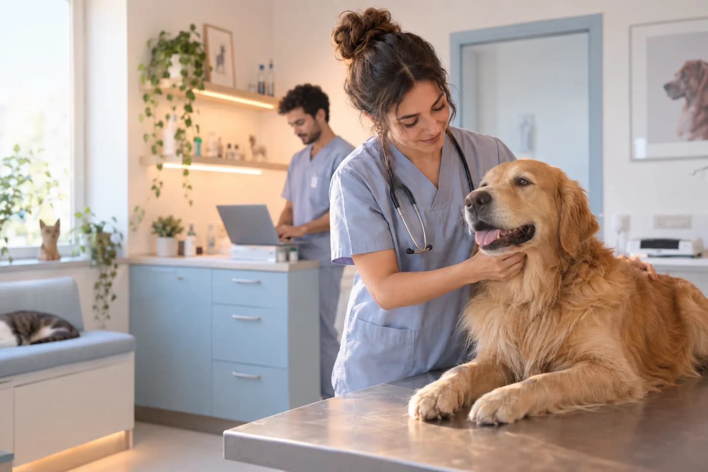 Aydınlık bir klinikte köpeği muayene eden veteriner hekim ve bilgisayarda çalışan meslektaşını betimleyen temsili görsel
