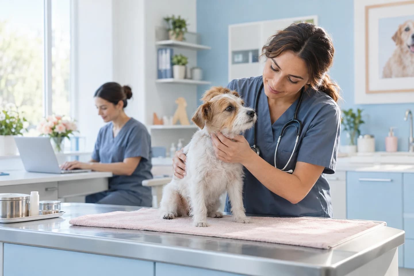 Modern bir klinikte küçük bir köpeği kontrol eden veteriner hekim ve arka planda çalışan ekip arkadaşını betimleyen temsili görsel