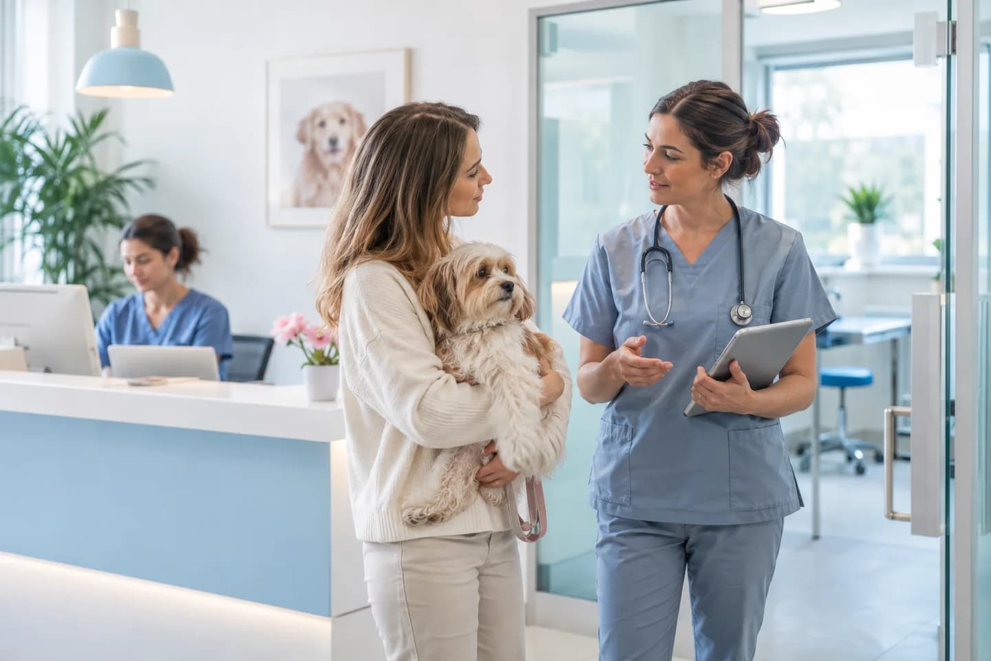 Modern klinik kabul alanında hasta sahibiyle konuşan veteriner hekimi ve küçük köpeği betimleyen temsili görsel